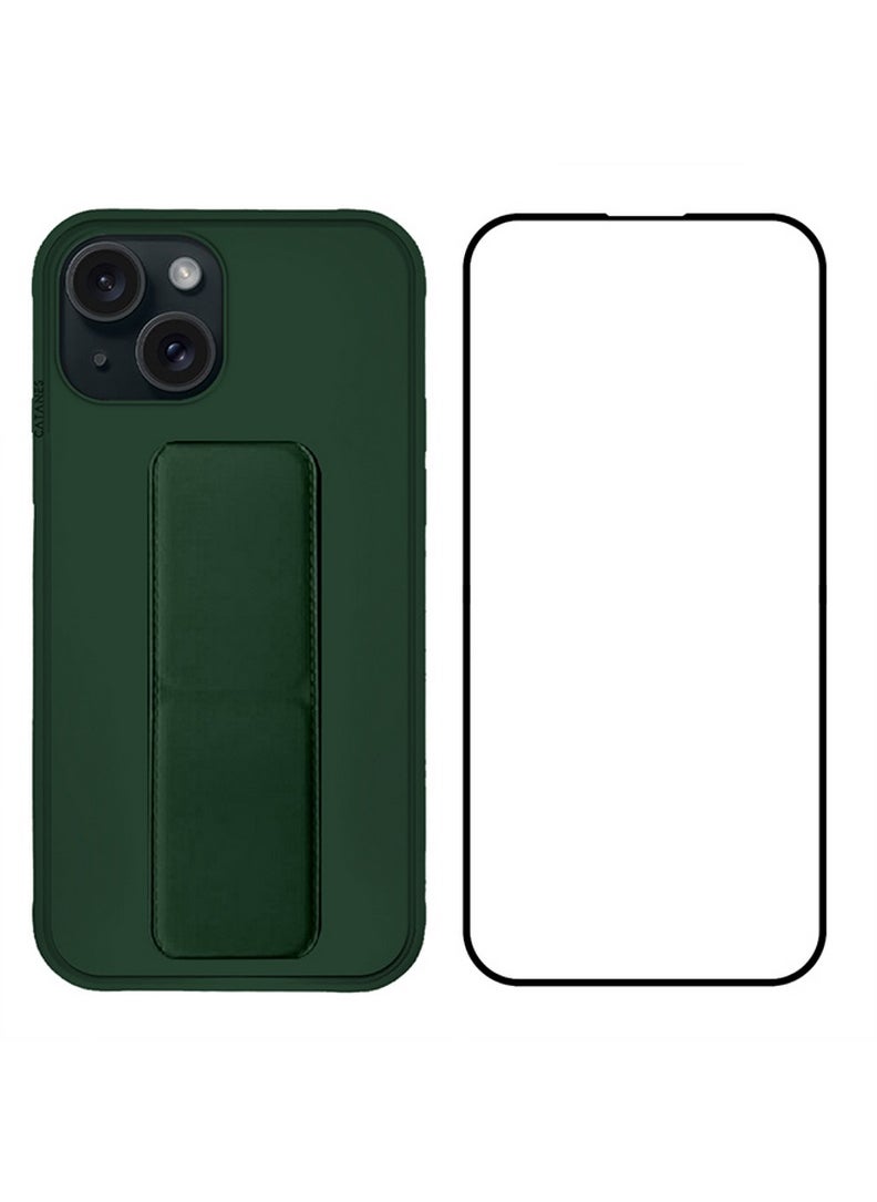 2 Packs For iPhone 15 Case and Screen Protector Premium PU Leather Case with Stand Function Shockproof and Anti Scratch Finger Grip Case Cover Green
