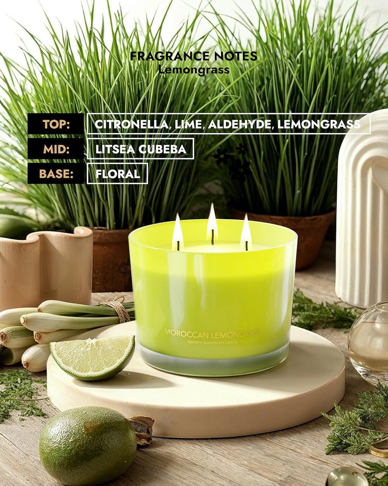 96NORTH Luxury Lemongrass Candle | Large 3-Wick Jar Candle | Up to 40 Hours Burning Time | 100% Natural Soy Wax | Relaxing Aromatherapy Aesthetic Candle | Housewarming Gift for Men and Women - Image 4