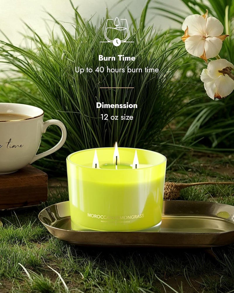 96NORTH Luxury Lemongrass Candle | Large 3-Wick Jar Candle | Up to 40 Hours Burning Time | 100% Natural Soy Wax | Relaxing Aromatherapy Aesthetic Candle | Housewarming Gift for Men and Women - Image 3