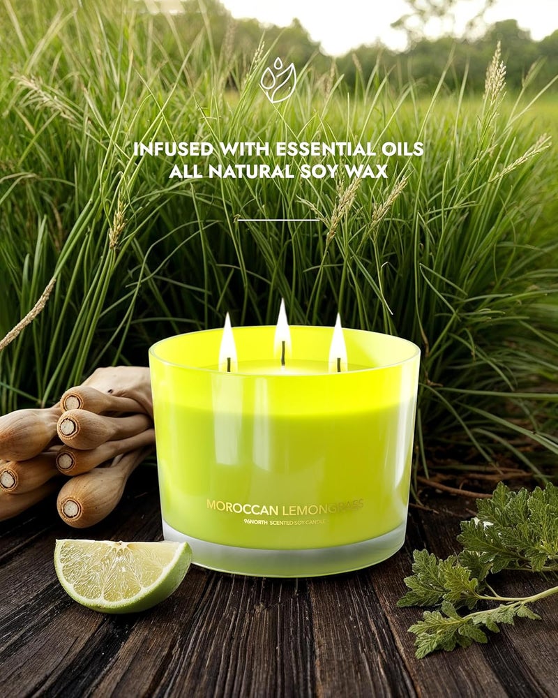 96NORTH Luxury Lemongrass Candle | Large 3-Wick Jar Candle | Up to 40 Hours Burning Time | 100% Natural Soy Wax | Relaxing Aromatherapy Aesthetic Candle | Housewarming Gift for Men and Women - Image 2