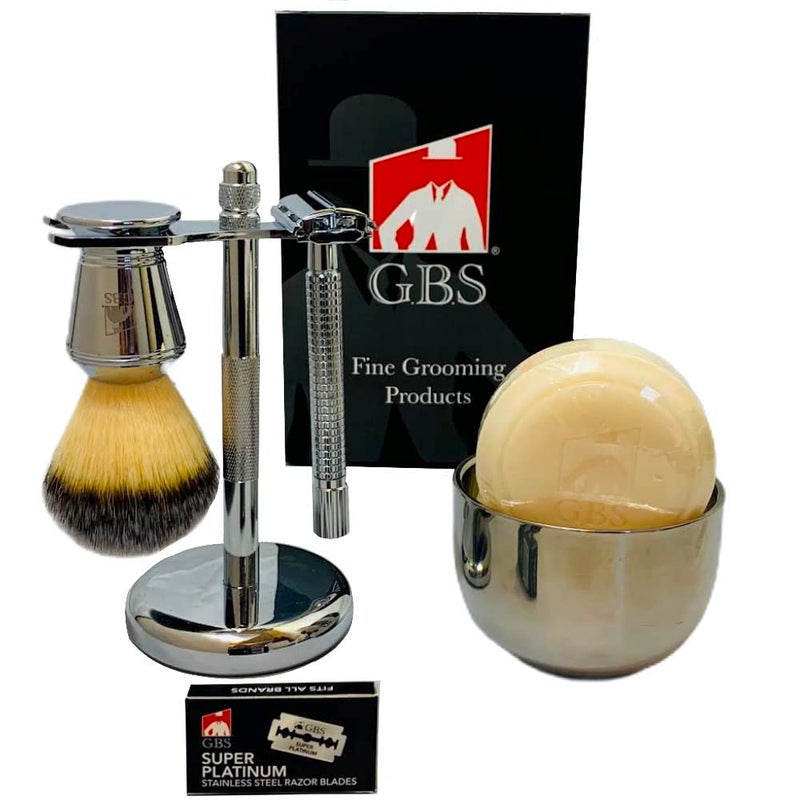 GBS مجموعة حلاقة GBS بمقبض طويل، قاعدة حلاقة غير قابلة للانزلاق، فرشاة حلاقة، وعاء حلاقة مع صابون GBS الطبيعي و 5 شفرات - Image 1