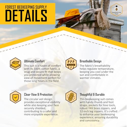 FOREST BEEKEEPING SUPPLY بدلة نحال احترافية للرجال والنساء، بدلة تربية النحل مع قفازات نحال، بدلات تربية النحل 100% قطن لهواة النحل، للمربين في الفناء الخلفي والتجاري - متوسط - Image 3