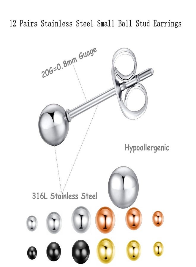 CVAYU 12Pairs 20G Mix Color Stainless Steel Ball Stud Earrings for Men Women Minimalist Sphere Cartilage Piercing Studs Earrings,Mini Ball Hypoallergenic Earrings - Image 2