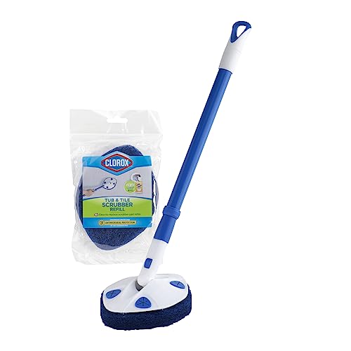 Clorox Extendable Tub Tile Scrubber with Polyurethane Head Heavy Duty Bathroom Cleaning Brush with Bonus Refill Pivoting Head Replaceable Pad Works with Clorox Wipes - Image 1