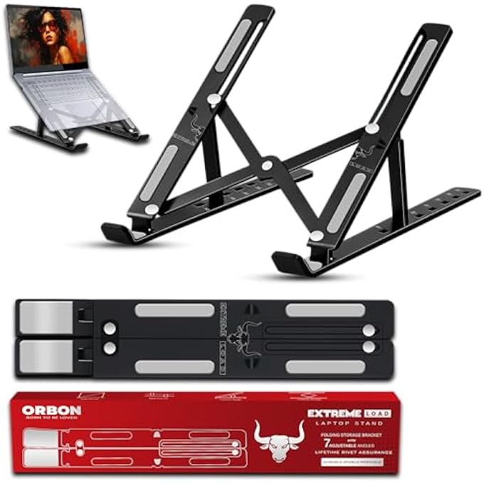 ORBON EXTREME LOAD LAPTOP STAND METAL FOR DESK & TABLE Â€“ ADJUSTABLE METAL LAPTOP TABLE STAND FOR BED, COOLING & GAMING Â€“ MACBOOK COMPATIBLE HOLDER, VERTICAL LAPTOP STAND FOR WORK & STUDY | BLACK - Image 1