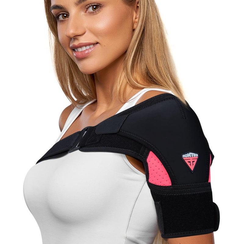 Shoulder Brace Support Injury Prevention Brace Joint Pain Releaser Shoulder Compression Wrap Strap Adjustable Injury Accessories for Shoulders Premium Quality Strap by FIGHTECH Pink SM