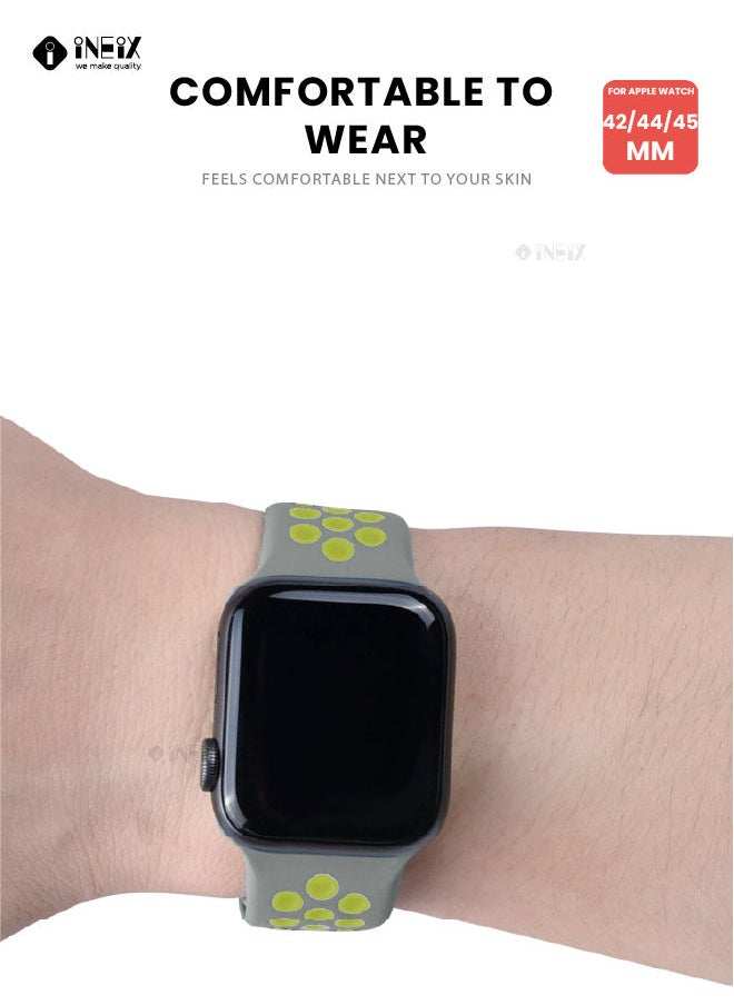 INEIX - Soft Silicone Sport Nike Edition Replacement Strap For Apple Watch 42/44/45 mm - Grey/Green - Image 1