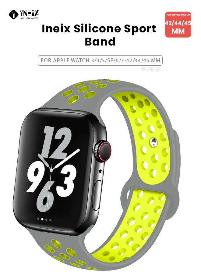 INEIX - Soft Silicone Sport Nike Edition Replacement Strap For Apple Watch 42/44/45 mm - Grey/Green - Image 1