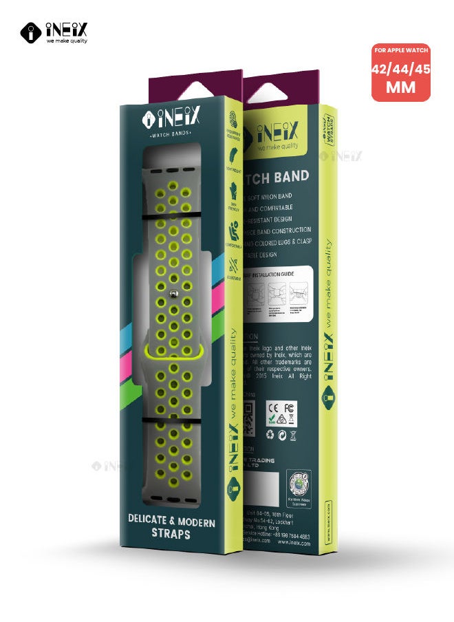 INEIX - Soft Silicone Sport Nike Edition Replacement Strap For Apple Watch 42/44/45 mm - Grey/Green - Image 1
