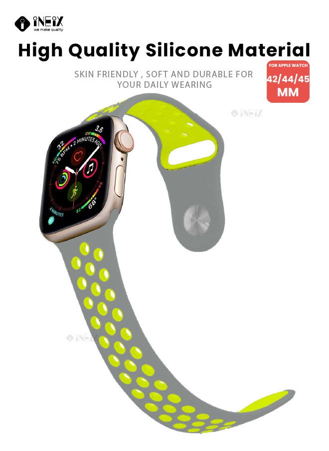 INEIX - Soft Silicone Sport Nike Edition Replacement Strap For Apple Watch 42/44/45 mm - Grey/Green - Image 1