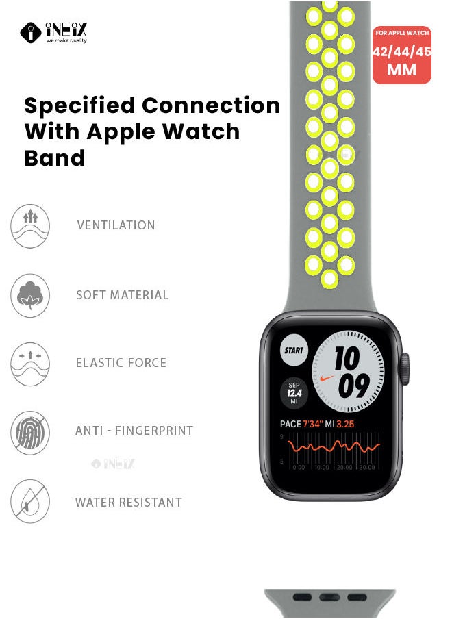 INEIX - Soft Silicone Sport Nike Edition Replacement Strap For Apple Watch 42/44/45 mm - Grey/Green - Image 1