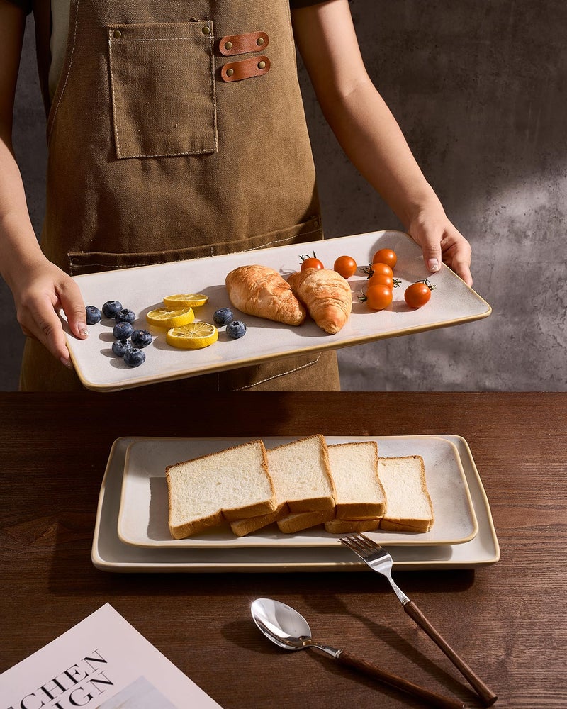 Famiware Serving Platter, Rectangular 15.67/14.1/12.6inch Serving Dishes for Entertaining, Microwave Dishwasher Safe, Stoneware Serving Trays for Party, Turkey, Cheese, Ocean Series, Cappuccino White - Image 3