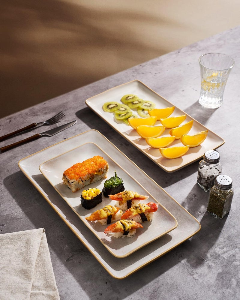 Famiware Serving Platter, Rectangular 15.67/14.1/12.6inch Serving Dishes for Entertaining, Microwave Dishwasher Safe, Stoneware Serving Trays for Party, Turkey, Cheese, Ocean Series, Cappuccino White - Image 4