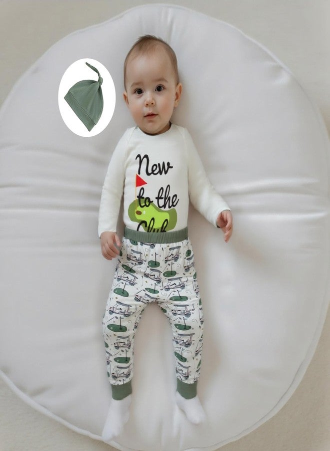 Lenjindjer Newborn Baby Boy Fall Golf Outfit Long Sleeve New to The Club Romper Golf Print Pants Hat 3pcs Coming Home Outfits (White, 3-6 Months) - Image 4
