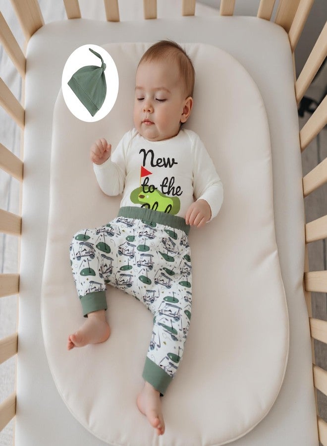Lenjindjer Newborn Baby Boy Fall Golf Outfit Long Sleeve New to The Club Romper Golf Print Pants Hat 3pcs Coming Home Outfits (White, 3-6 Months) - Image 3