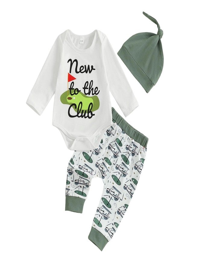 Lenjindjer Newborn Baby Boy Fall Golf Outfit Long Sleeve New to The Club Romper Golf Print Pants Hat 3pcs Coming Home Outfits (White, 3-6 Months) - Image 1