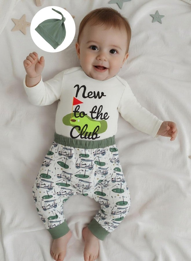 Lenjindjer Newborn Baby Boy Fall Golf Outfit Long Sleeve New to The Club Romper Golf Print Pants Hat 3pcs Coming Home Outfits (White, 3-6 Months) - Image 2