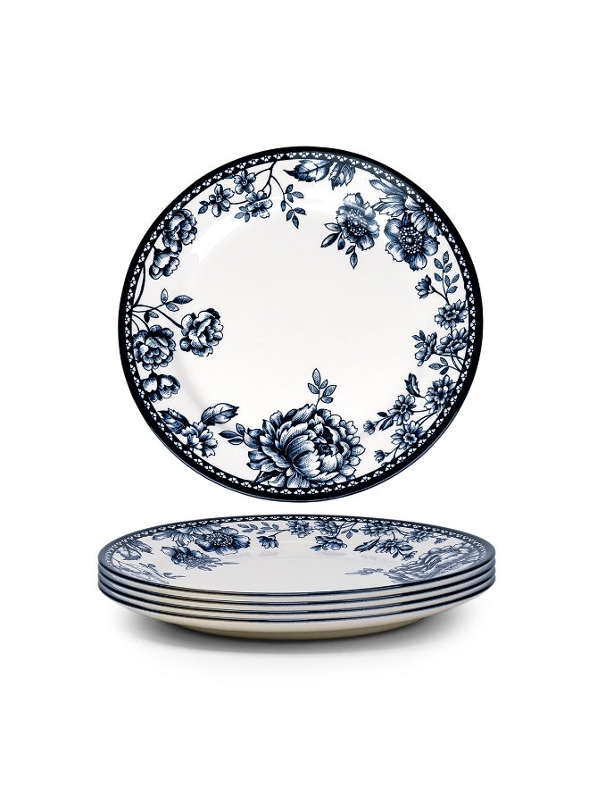 Claytan Rhapsody 10.5-Inch Dark Blue Floral Pattern Ceramic Dinner Plate, White - Set of 4 - Image 2