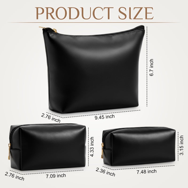 Kigeli 3 Piece Leather Makeup Bag Set for Purse PU Leather Cosmetic Bag Aesthetic Toiletry Travel Purse Organizer Pouch for Bridesmaid Birthday Spring Easter Wedding Valentine Women Gifts(Black) - Image 2