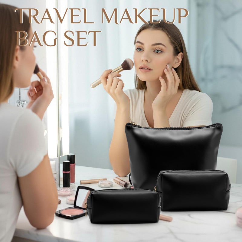 Kigeli 3 Piece Leather Makeup Bag Set for Purse PU Leather Cosmetic Bag Aesthetic Toiletry Travel Purse Organizer Pouch for Bridesmaid Birthday Spring Easter Wedding Valentine Women Gifts(Black) - Image 4
