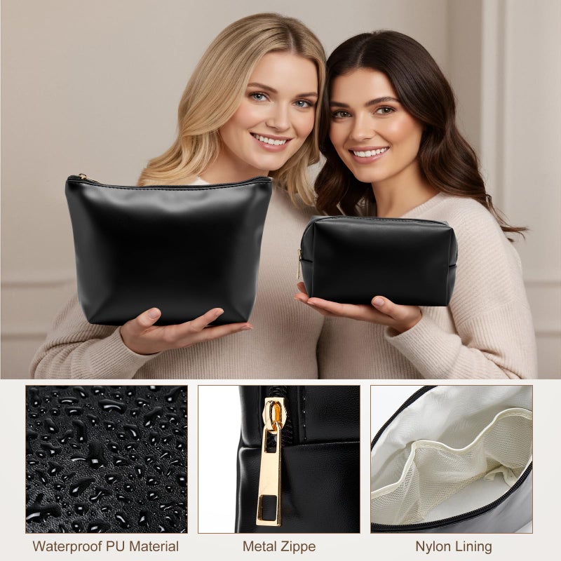 Kigeli 3 Piece Leather Makeup Bag Set for Purse PU Leather Cosmetic Bag Aesthetic Toiletry Travel Purse Organizer Pouch for Bridesmaid Birthday Spring Easter Wedding Valentine Women Gifts(Black) - Image 3