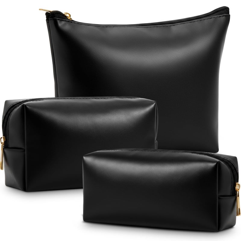 Kigeli 3 Piece Leather Makeup Bag Set for Purse PU Leather Cosmetic Bag Aesthetic Toiletry Travel Purse Organizer Pouch for Bridesmaid Birthday Spring Easter Wedding Valentine Women Gifts(Black) - Image 1