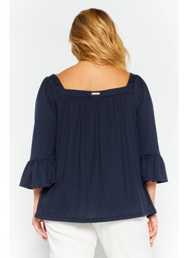 Michael Kors Women Square Neck Elbow Sleeve Plain Blouse, Navy  - Image 4