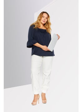 Michael Kors Women Square Neck Elbow Sleeve Plain Blouse, Navy  - Image 2