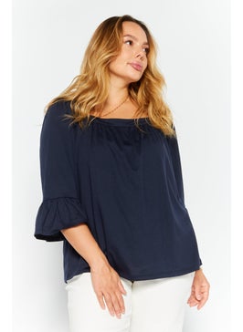 Michael Kors Women Square Neck Elbow Sleeve Plain Blouse, Navy  - Image 1