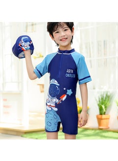 Kids Quick-Dry Swimsuit Full Body Short Sleeve Dark Blue Spaceman (swimsuit cap)