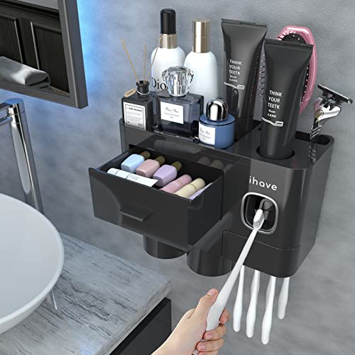 iHave Toothbrush Holders for Bathrooms, 2 Cups Toothbrush Holder Wall Mounted with Toothpaste Dispenser - Large Capacity Tray, Cosmetic Drawer - Tooth Brushing Holder & Bathroom Accessories - Image 1