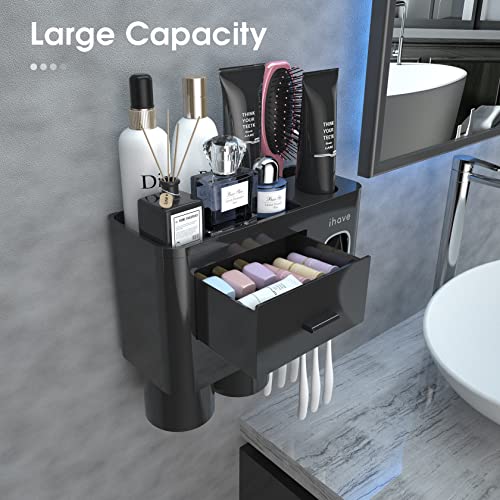 iHave Toothbrush Holders for Bathrooms, 2 Cups Toothbrush Holder Wall Mounted with Toothpaste Dispenser - Large Capacity Tray, Cosmetic Drawer - Tooth Brushing Holder & Bathroom Accessories - Image 2