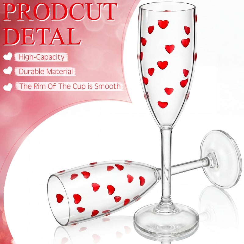 FoldTier 6 Pack Valentines Day Heart Shaped Champagne Flutes 6.5 oz Clear Red Hearts Plastic Champagne Flute Martini Glasses Cocktail Toasting Glasses Cups for Weddings Galentines Day Anniversary - Image 3