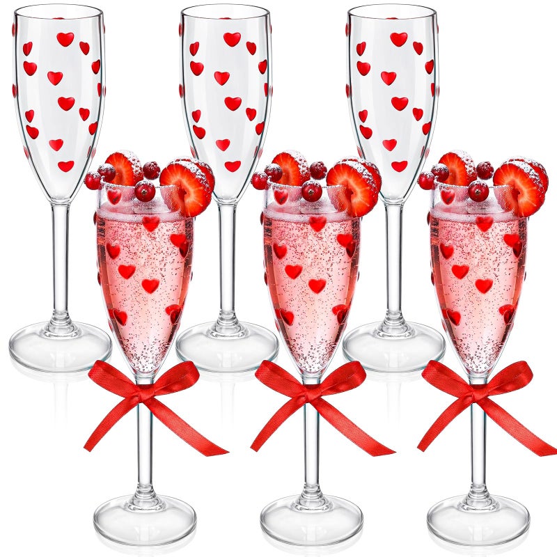 FoldTier 6 Pack Valentines Day Heart Shaped Champagne Flutes 6.5 oz Clear Red Hearts Plastic Champagne Flute Martini Glasses Cocktail Toasting Glasses Cups for Weddings Galentines Day Anniversary - Image 1