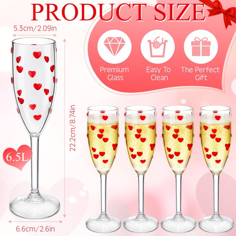 FoldTier 6 Pack Valentines Day Heart Shaped Champagne Flutes 6.5 oz Clear Red Hearts Plastic Champagne Flute Martini Glasses Cocktail Toasting Glasses Cups for Weddings Galentines Day Anniversary - Image 2