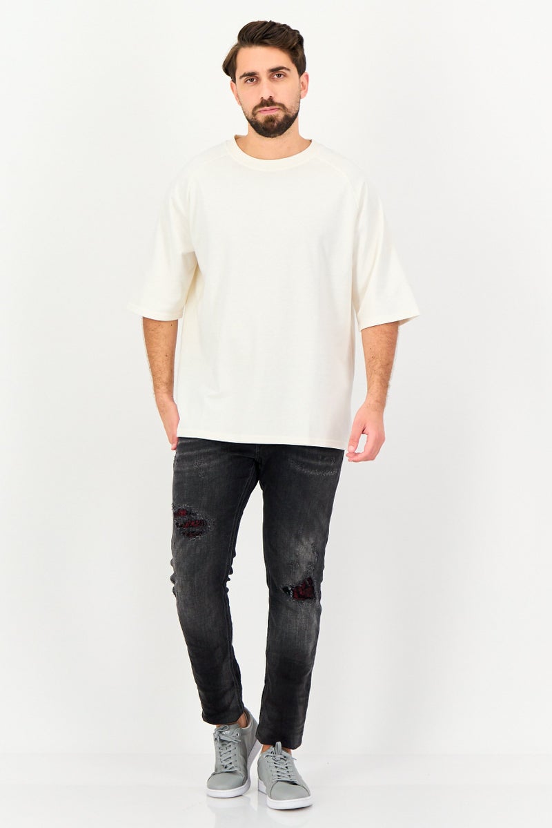 Algspar Men Crew Neck Plain Short Sleeve T-Shirt, Cream - Image 4