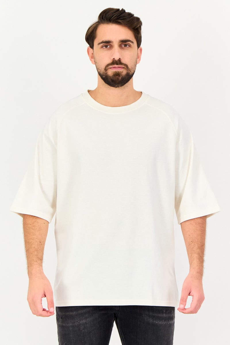 Algspar Men Crew Neck Plain Short Sleeve T-Shirt, Cream - Image 1