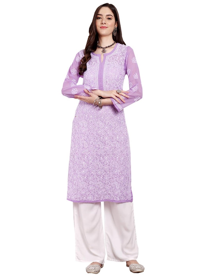 Ada Women Georgette Regular Lucknowi Hand Embroidered Chikankari Straight Kurti Kurta A95487 Mauve (M) - Image 1
