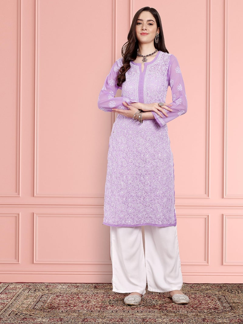 Ada Women Georgette Regular Lucknowi Hand Embroidered Chikankari Straight Kurti Kurta A95487 Mauve (M) - Image 4