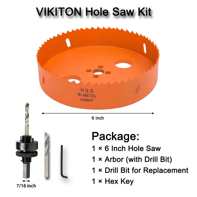 VIKITON منشار ثقب Vikiton مقاس 6 بوصة مع أربور لقطع الخشب المعدني والبلاستيك، قاطع ثقب ثنائي المعدن 152 مم لمشروع مختلف مع حافة حفر ناعمة ومسطحة، مجموعة أدوات منشار ثقب يدوية لإزالة الرقائق بسرعة - Image 4