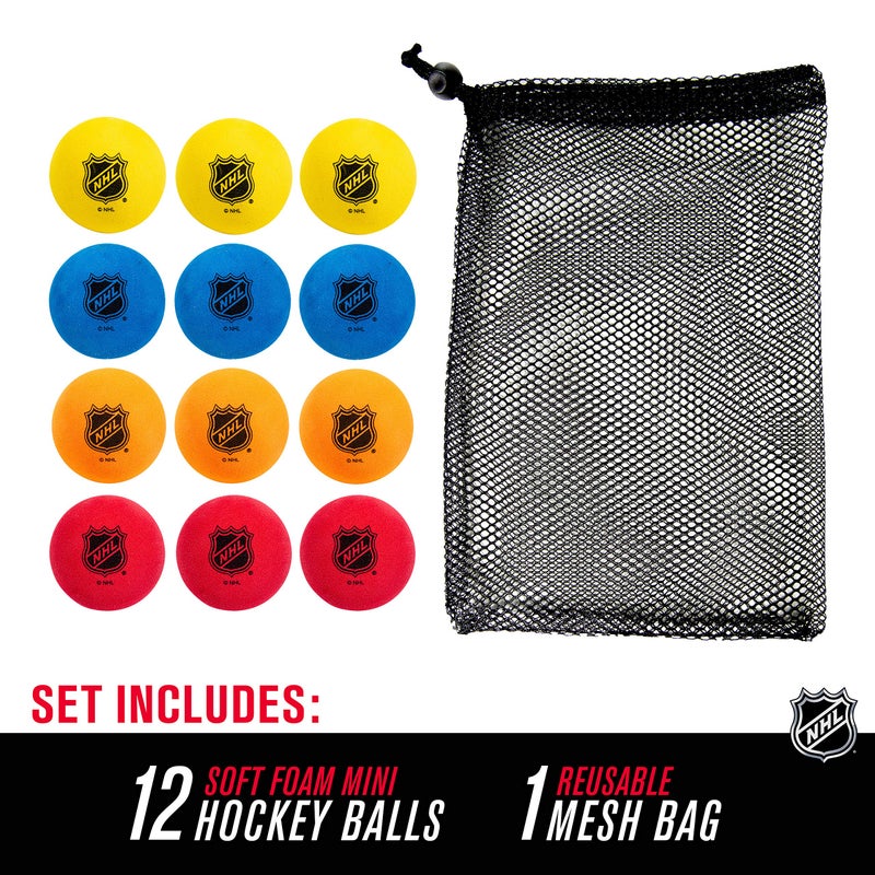 Franklin Sports Knee Hockey Balls - Indoor Mini Foam Hockey Balls for Kids - 12 Soft Foam Pack - Assorted Colors - Drawstring Bag - Image 2