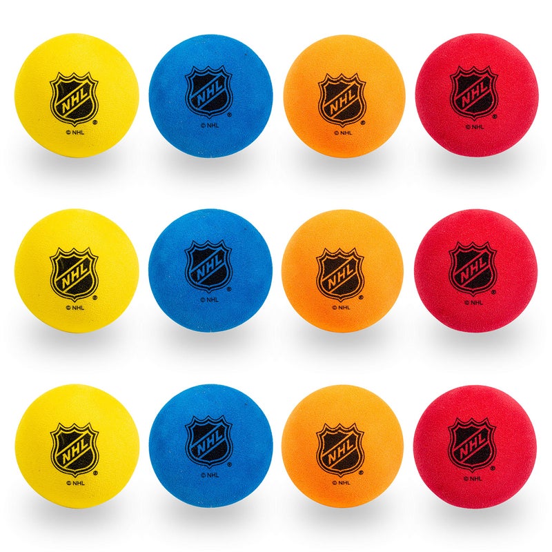 Franklin Sports Knee Hockey Balls - Indoor Mini Foam Hockey Balls for Kids - 12 Soft Foam Pack - Assorted Colors - Drawstring Bag - Image 1