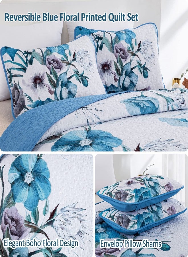 Drucon Floral Quilt Set King 3 Pieces Boho Blue Floral Quilt Coverlet Set Soft Microfiber Lightweight Blue Quilted Bedspread for All Season 104"x90" - Image 5