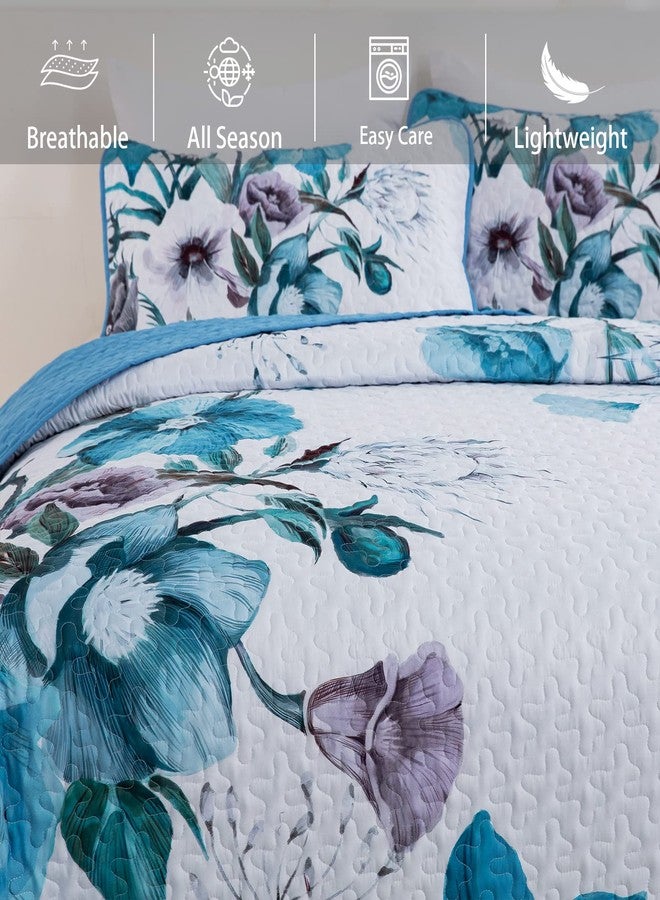 Drucon Floral Quilt Set King 3 Pieces Boho Blue Floral Quilt Coverlet Set Soft Microfiber Lightweight Blue Quilted Bedspread for All Season 104"x90" - Image 3