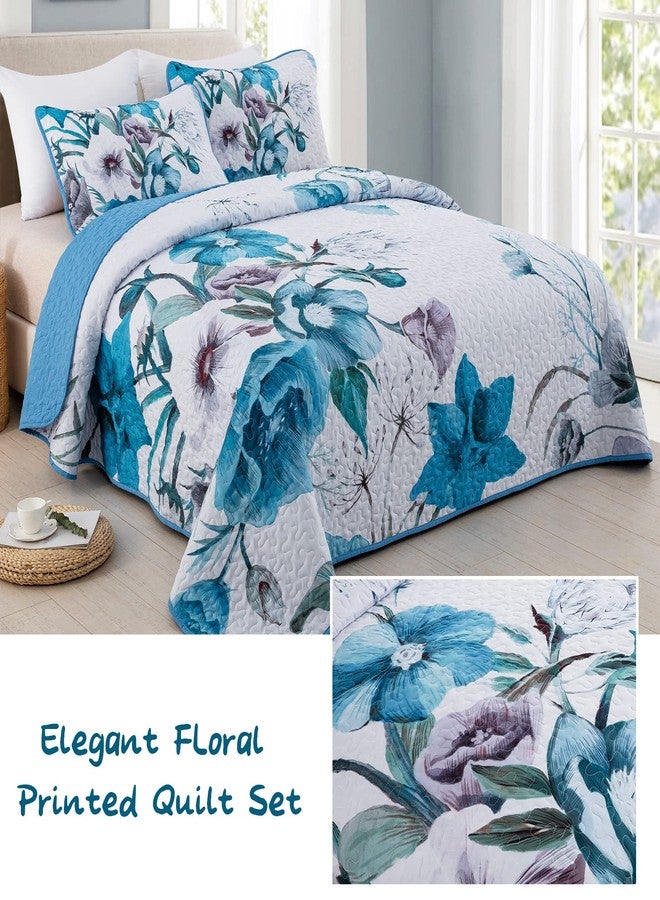 Drucon Floral Quilt Set King 3 Pieces Boho Blue Floral Quilt Coverlet Set Soft Microfiber Lightweight Blue Quilted Bedspread for All Season 104"x90" - Image 2
