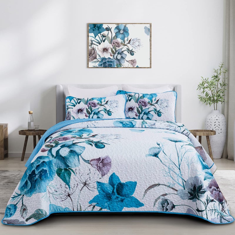 Drucon Floral Quilt Set King 3 Pieces Boho Blue Floral Quilt Coverlet Set Soft Microfiber Lightweight Blue Quilted Bedspread for All Season 104"x90" - Image 1