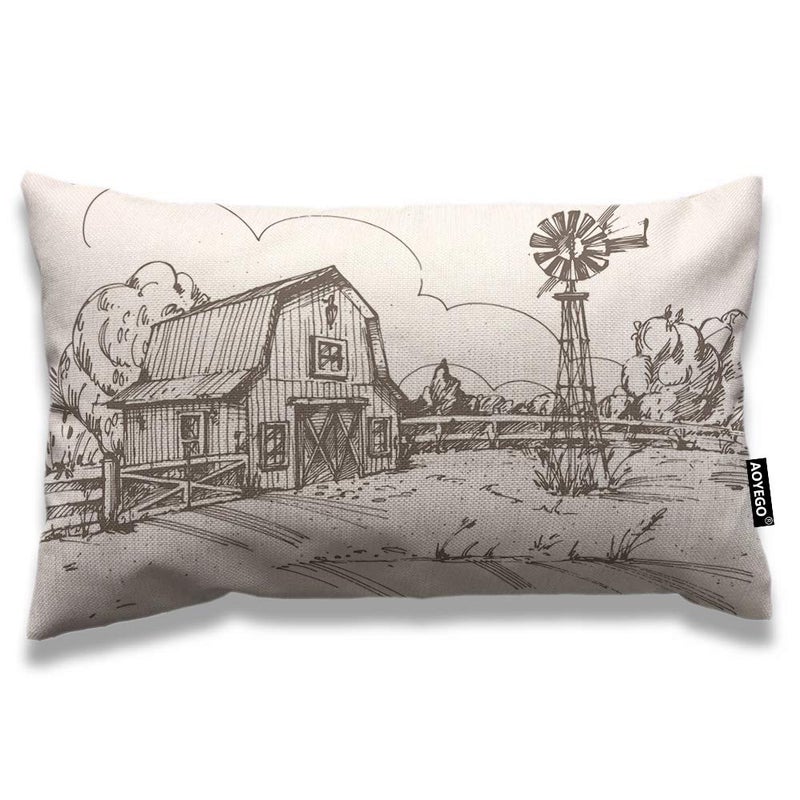AOYEGO Windmill Throw Pillow Cover 12x20 Inch Rustic Barn Farmhouse Countryside Rural Meadow Tree Grass Sketch Rectangle Pillow Cases Home Decorative Cotton Linen Cushion Cover for Bed Sofa