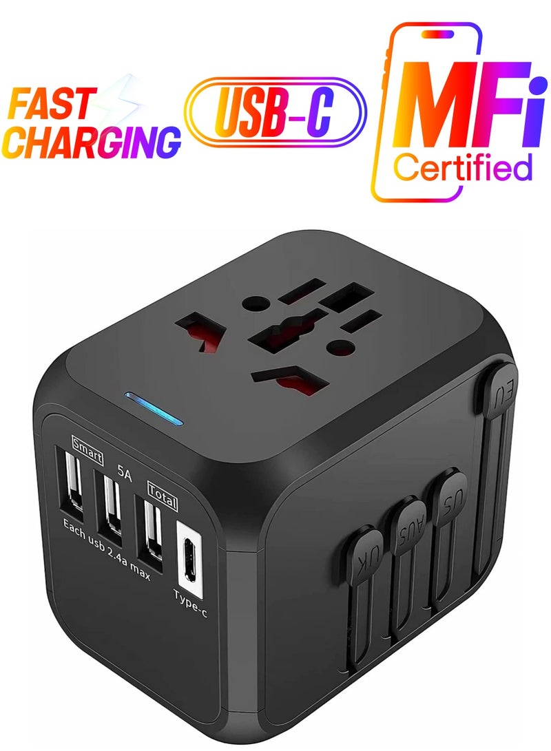Universal Travel Adapter Plug with 3 USB  1 Type-C Port,Fast Wall Plug Adapter Socket with UK/EU/AU/US Plugs,Multiport Charger Plug Converter - Image 1