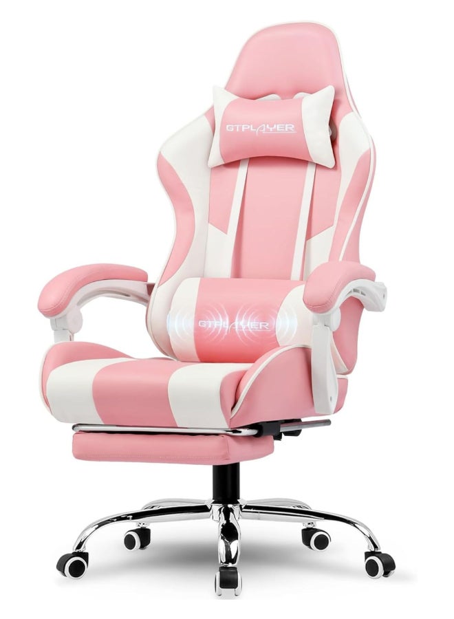 GTPLAYER #1USA Ergonomic Gaming Chair with USB Massage Cushion, Footrest & Armrests – PU Leather Computer Video Game Desk Chair with Adjustable Lumbar Support & Headrest for Gaming & Office (Pink) pink