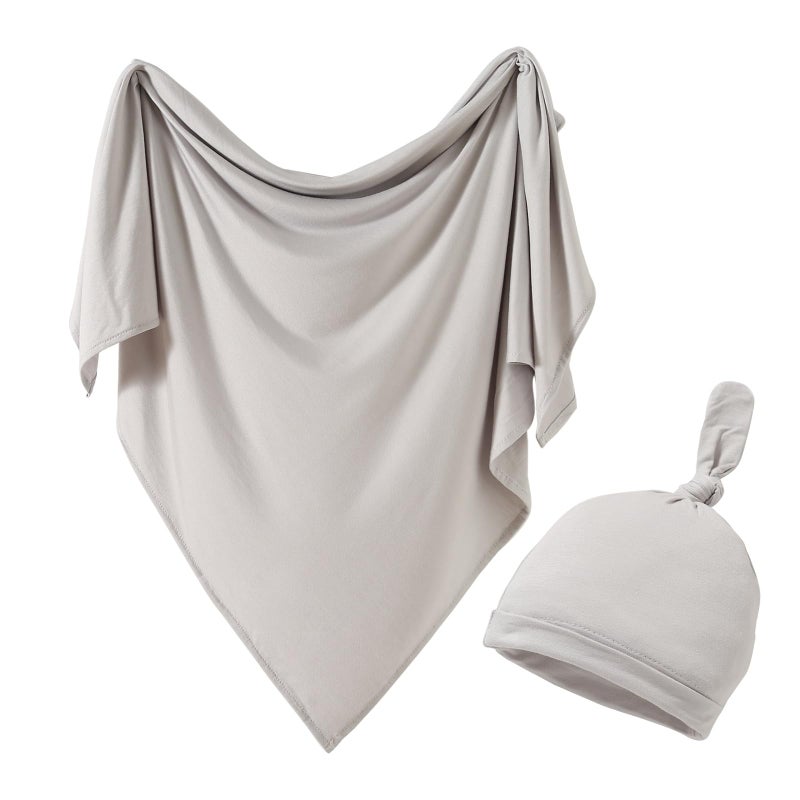 iEvolve Cotton Knitted Baby Swaddle Blanket with Hat Headband Set Newborn Swaddle Wrap Receiving Blankets for Baby Girl Boy 45" x 45"(Grey) - Image 1